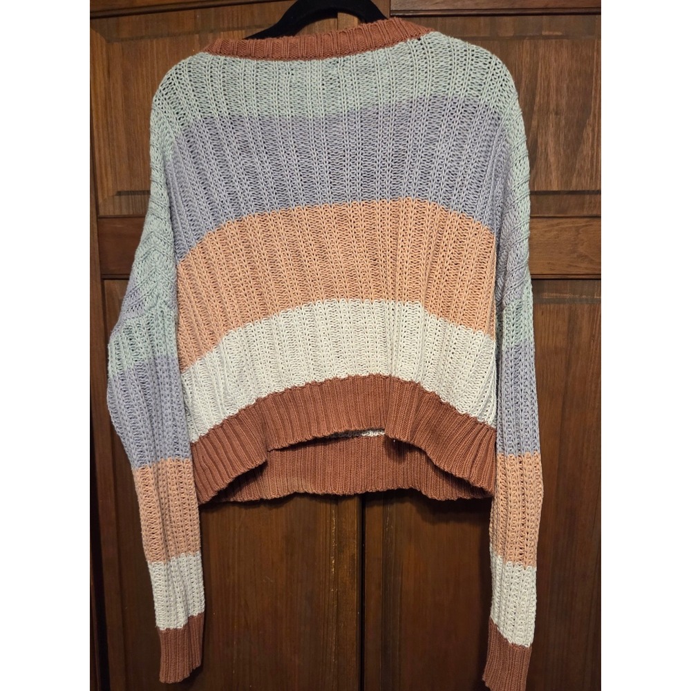Aeropostale Striped V-Neck Sweater Womens Large Multicolor Pastel Boho Open Knit - Picture 3 of 5